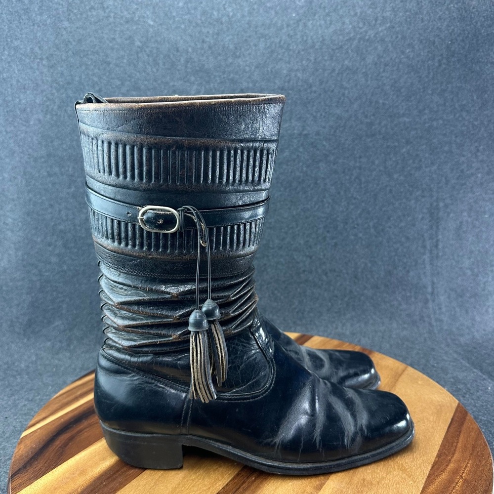 Vtg Black Leather Gaucho Slouch Black Tassel Boots Mens 9D Brazil 49-B356